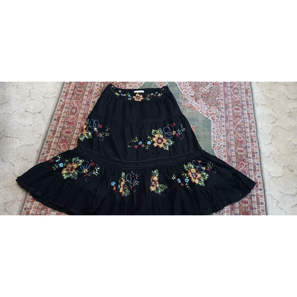 WD.NY Black Linen Embroidery Sequin Full Maxi Hippie Skirt Size L Fully Lined